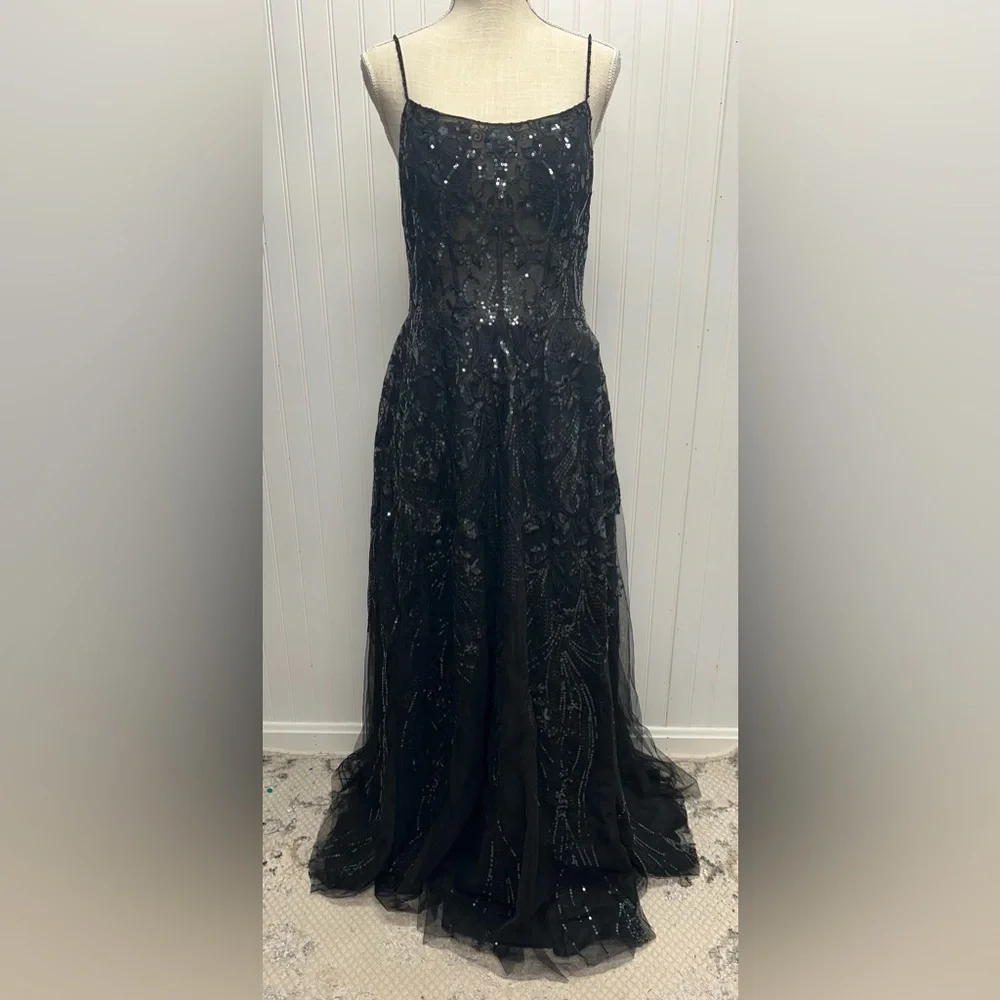 JJ’s House Black Chiffon Sequin Sweatheart Neckline Sheer Gown Sz 12 - Picture 1 of 13